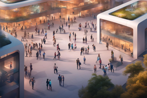 A futuristic city plaza with people walking between large buildings and elevated walkways
