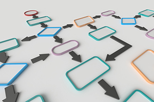 Various simple shapes of different colors with arrows connecting them.