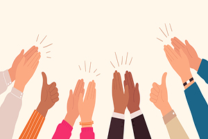 Group of hands clapping and giving the thumbs up.