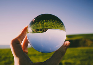 glass ball in the foreground flips the image visible in the background
