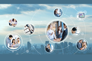 various photos of people working together arranged in a web pattern