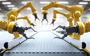 robotic hands, akin to the type used in car manufacturing, flank a conveyor belt