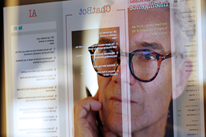 Professionals looking at screen with text provided by artificial intelligence.