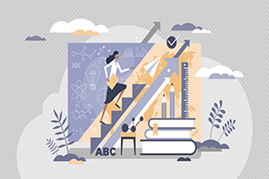 female scientist running up staircase supported by pencils, books, rules, and upward line graphs