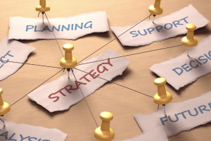 Planning, support, strategy, decision, and future steps shown on note cards connected by pins
