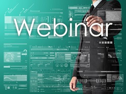 Figure in a suit write the word "webinar" on a translucent surface with various icons and graphs visible.