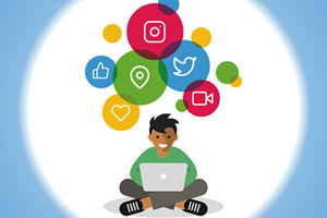 cartoon student on laptop with different app icons above their head