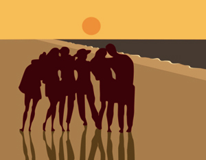 cartoon silhouettes pose for a group photo on the beach