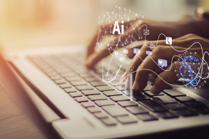Hand using a laptop keyboard with an AI interface overlay and network globe graphic