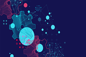 Illustration of gears spinning on blue background.