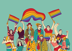 stylized cartoon figures wave rainbow pride flags and some of them wear rainbow clothing