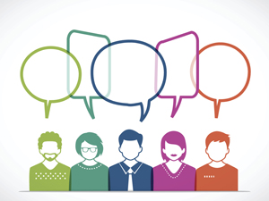 Five colorfully illustrated figures with empty speech bubbles above each one.