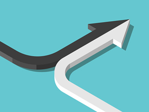 black and white arrow come from opposite directions to merge together into one