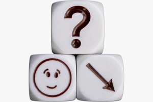Three dice with different expressions