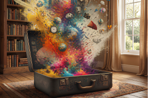 Suitcase exploding with ideas and memories