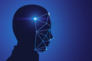 Side profile of a human head with light shining in the brain and facial recognition lines